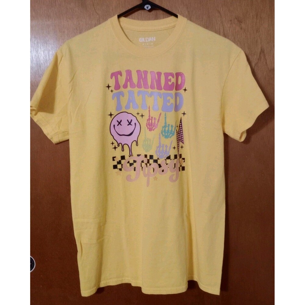 Women's Yellow T-Shirt Sz M With Colorful Graphics Gildan Handmade New